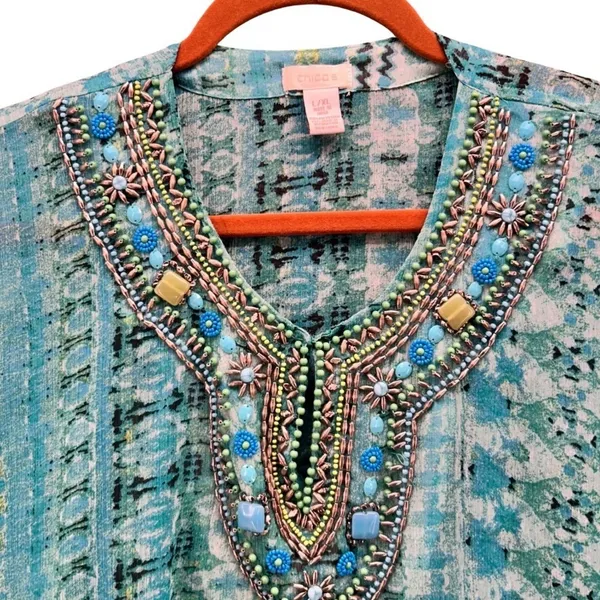 Chicos Beaded Kaftan Top Green Large‎ or XL - Image 4
