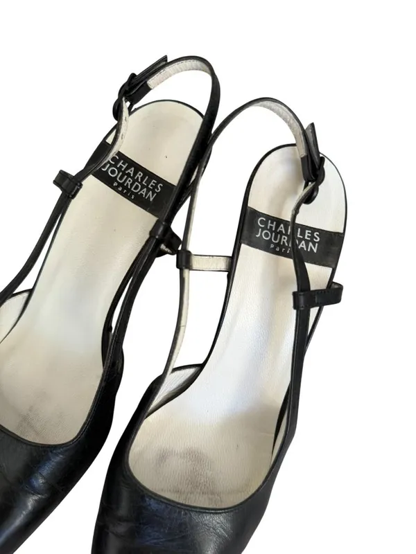 CHARLES JOURDAN Vintage Black Leather Slingback Heels Size 6.5 - Image 6