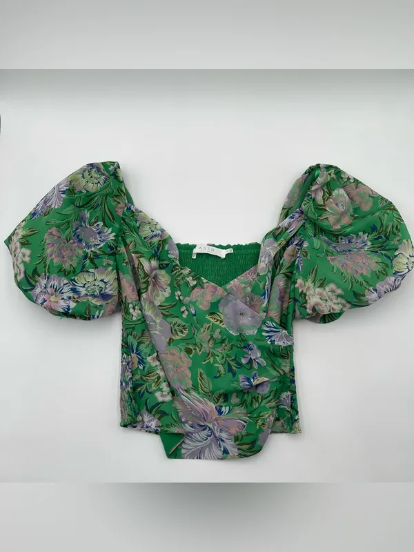 ASTR the Label Summer Magic Green Floral Print Puff Sleeve Wrap Top Blouse Small - Image 4