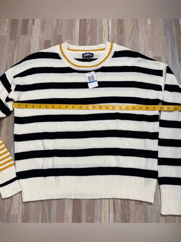 Freshman Black & Cream Striped Crewneck Sweater with Yellow Trim Women’s XL NWT - Image 3