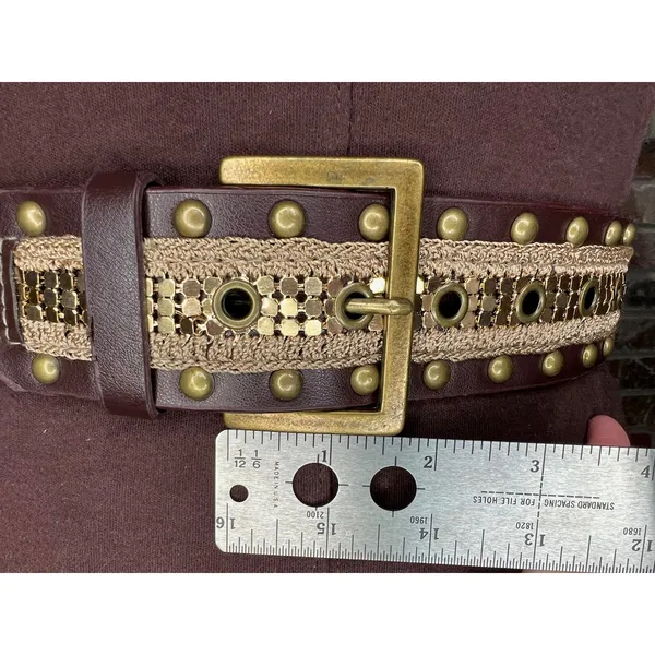 belt y2k leather studded crochet boho brown brass - Image 4
