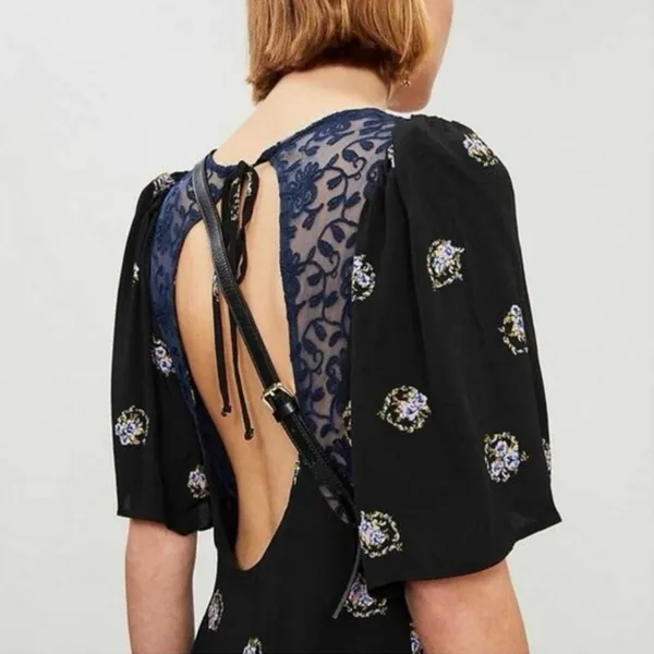 Free People Mockingbird Black Floral Deep V-Neck Open-Back Lace Mini Dress Sz 2 - Image 5