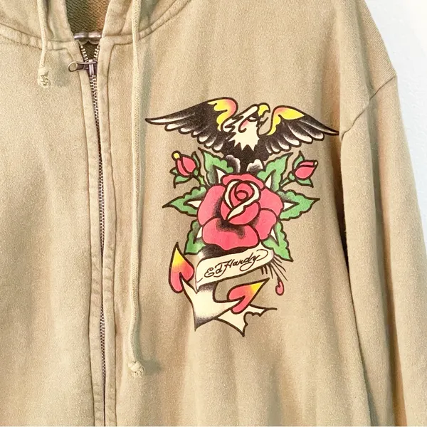 Ed Hardy‎ Size Large Vintage Y2K Green Eagle Rose Full Zip Hooded Sweatshirt - Image 2