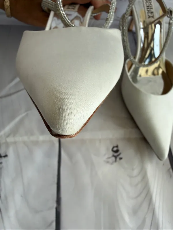 Badgley Mischka Ivory Pointed Toe Slingback Heels with Rhinestone Ankle Straps - Image 16