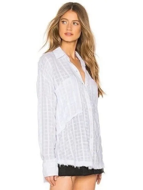 Free People Loveland Women’s White Button-Up Long Sleeve Windowpane Plaid Size L - Image 2