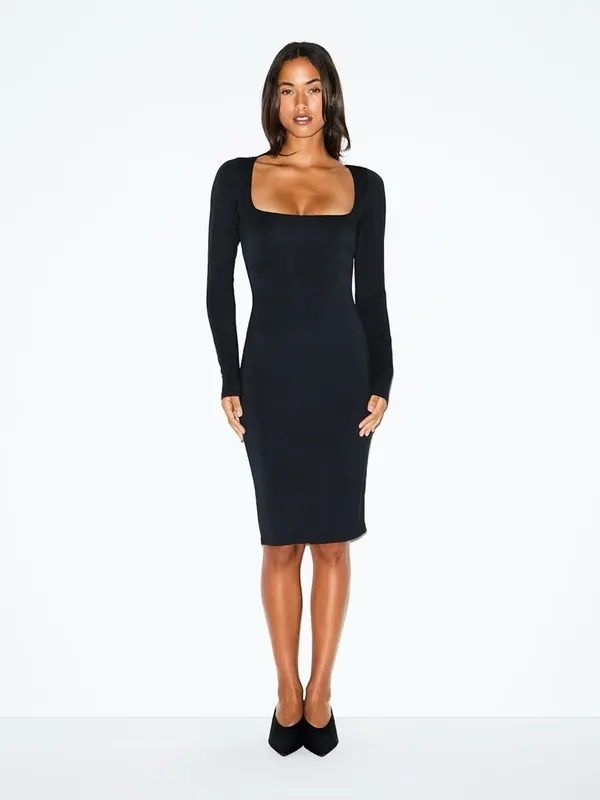 🖤Skims Smooth Layers (G10) Square Neck Midi Dress In Obsidian Large - Image 2