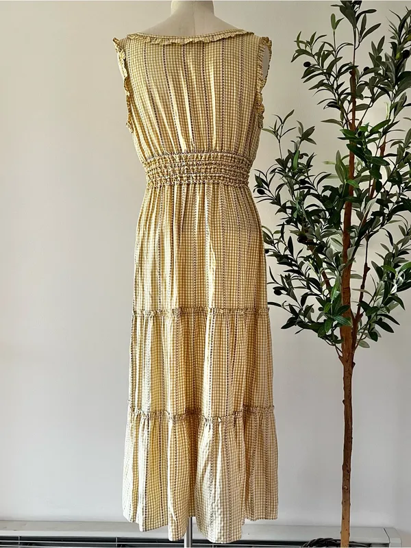 Max Studio Light Yellow tan Gingham Smocked Maxi Dress - Image 4