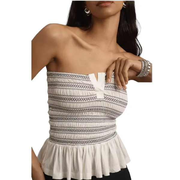Maeve Smocked Split Tube Top White and Black Cropped Size XLarge Euro Summer - Image 2