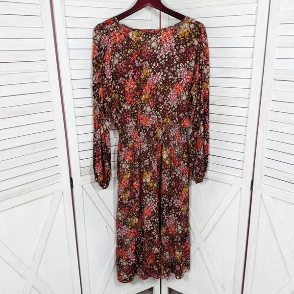 Cottagecore Floral‎ Smocked Waist Long Sleeve Boho Midi Dress Brown Multi Large - Image 7