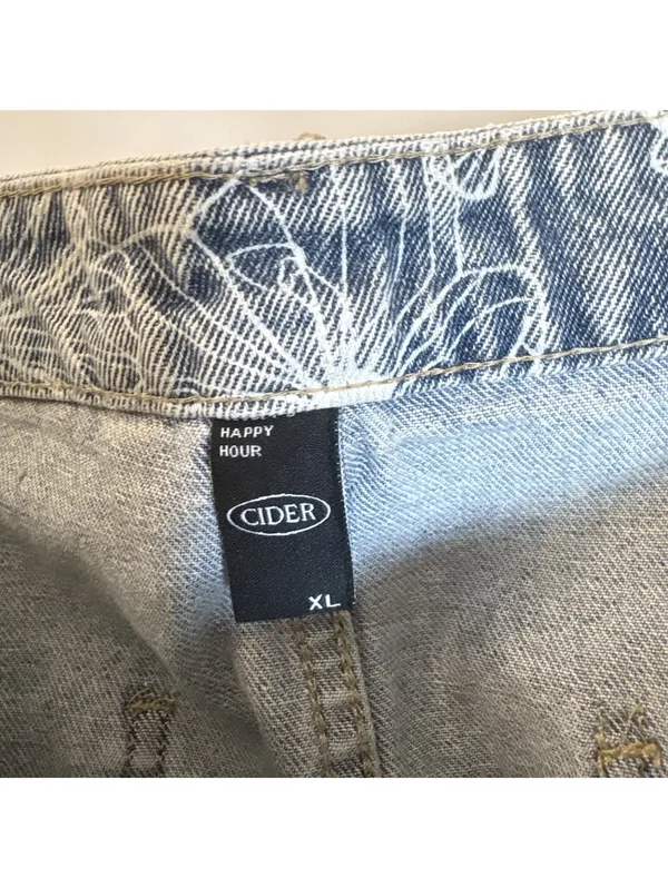 Cider Happy Hour Lotus Print Denim Mini Shorts High Rise Raw Hem Blue Size XL - Image 6