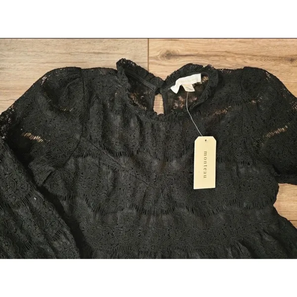 Monteau Black Lace Coquette Tiered Babydoll Blouse Top Women's Small NWT - Image 3