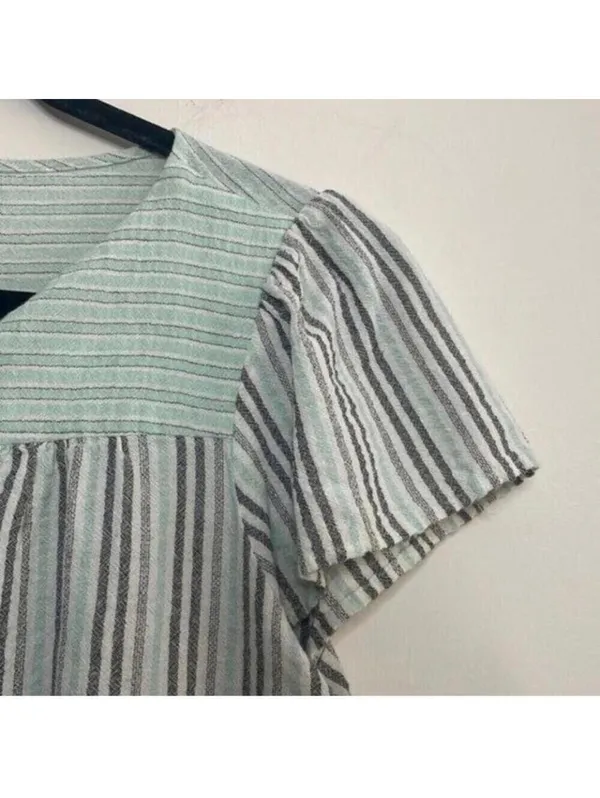 Ava James Mint and Grey Striped Cap Sleeve Babydoll Blouse Top Career Office - Image 3