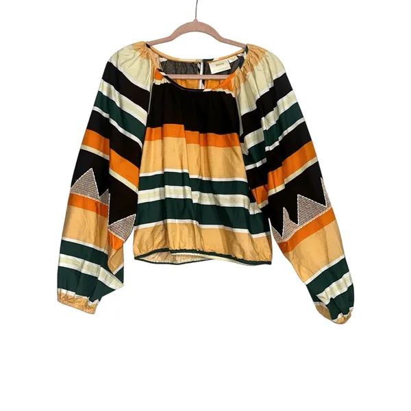 Anthropologie Maeve Clea Striped Long Puff Sleeve Cotton Peasant Blouse MEDIUM - Image 2