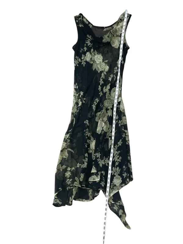 Whimsical Sheer Beaded Black Floral Cowl Neck Asymmetrical Slip Dress - Image 7