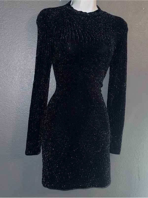 Women's Windsor Little Black Long Sleeve Sparkly Mini Sexy Dress size XS - Small - Image 4