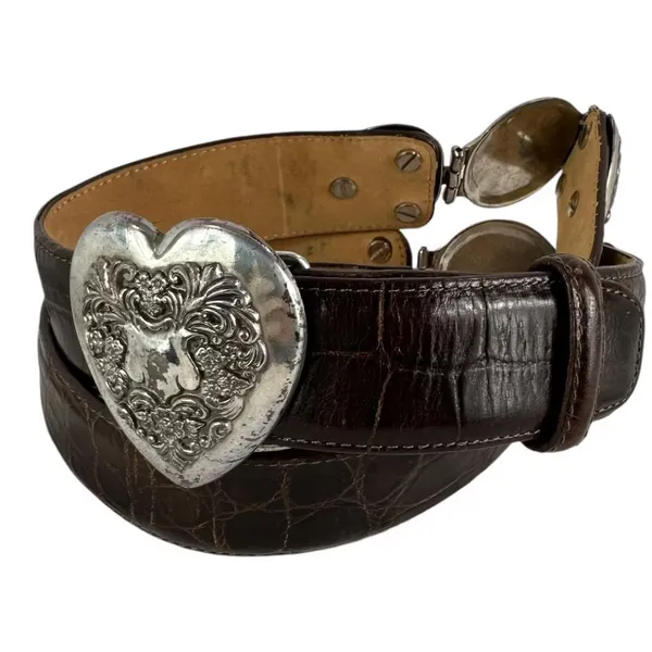 Brighton Vintage Leather Crocodile Embossed Silvertone Heart Buckle Sz M EUC - Image 7