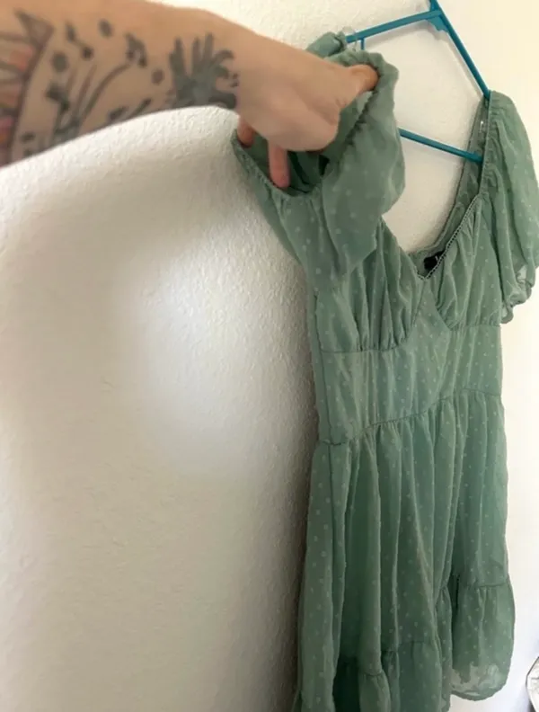 Trixxi Sage Green Puff Sleeve Swiss Dot Mini Dress M Cottagecore Summer - Image 2