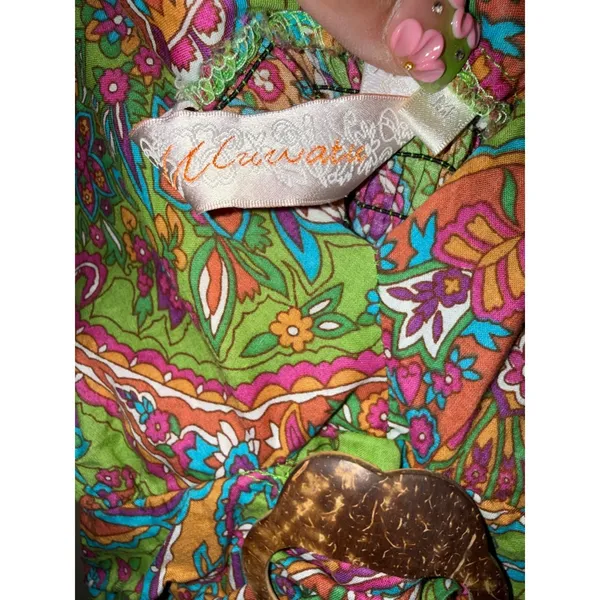 100% Cotton Paisley Mini Dress Green Boho V-Neck Wooden Ring Womens M western‎ - Image 8