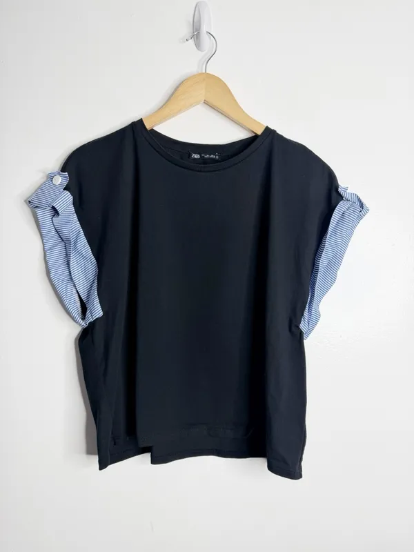 Zara Black Top Blue‎ Stripe Ruffle Sleeve Statement Minimal Chic Large Preppy - Image 2