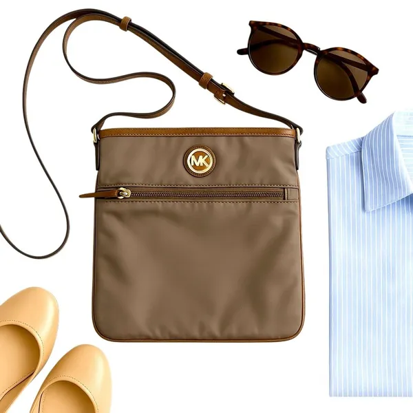 Michael Kors Jet Set Brown Nylon Leather Trim Crossbody Travel Bag 8.5x8 in GUC - Image 3