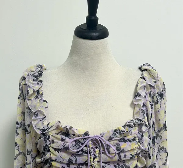 Free People Mabel Lilac Combo Purple Yellow Floral Sheer Puff Sleeve Top Large - Image 2