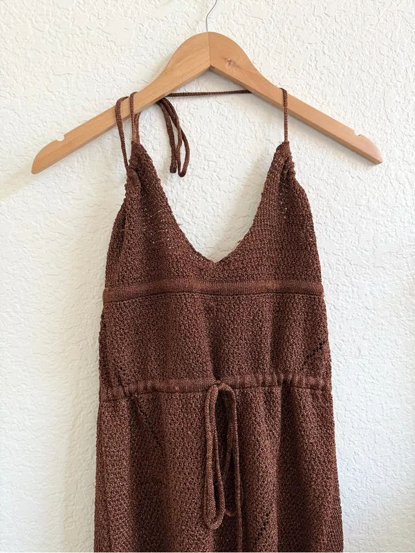 Outcast Braylee Brown knit Crochet Halter Mini Dress - Large L - Image 4