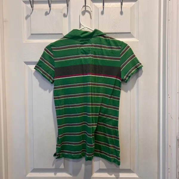 NWT Old Navy Perfect Fit Polo Shirt Green Striped Short Sleeve Cotton‎ Womens M - Image 5