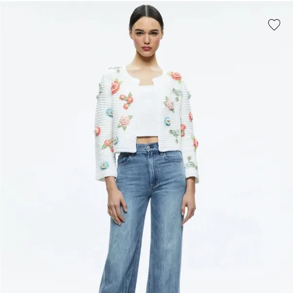 NWT Alice + Olivia ANDERSON CARDIGAN White Multi Roses M - Image 2