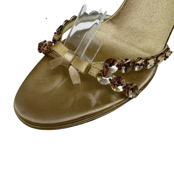 Prada Jeweled Satin Ankle Strap Heels Gold Bow Embellished Sandals 37 - Image 4