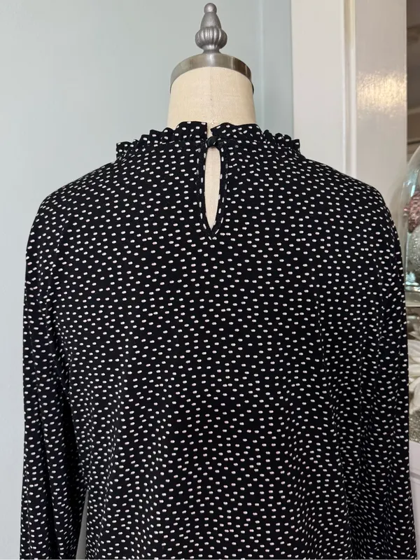 Adrianna Papell Black Polka Dot Long Sleeve Ruffled Mock Neck Blouse Size Large - Image 6