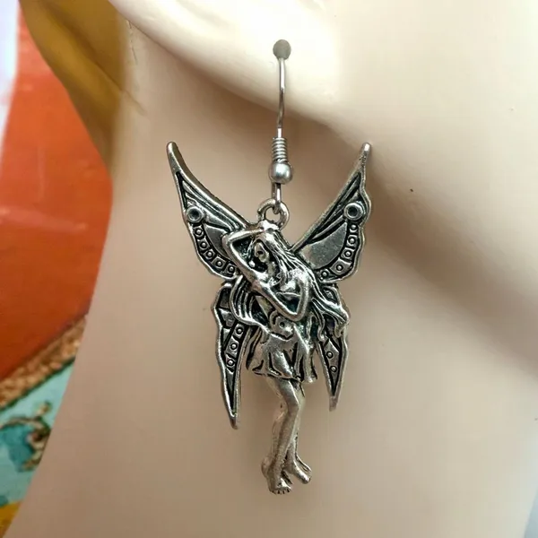 Silver Tone Winged Fairy Dangle Earrings - Image 2