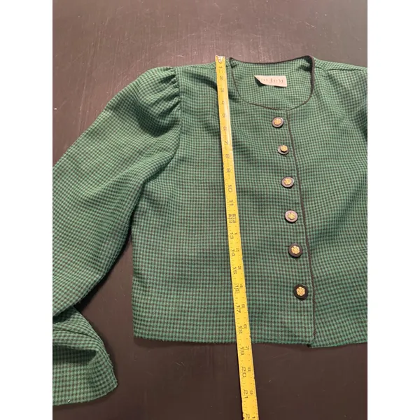 Miss Dorby‎ Vintage Green Houndstooth Cropped shirt Gold Crest Buttons - Image 3