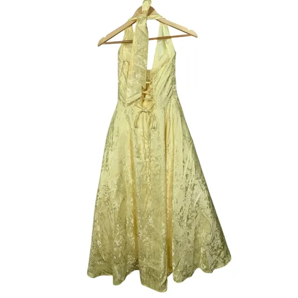 NWT Babyboo Effie Lemon Yellow Floral Jacquard Halter A-Line Midi Dress Size S - Image 11