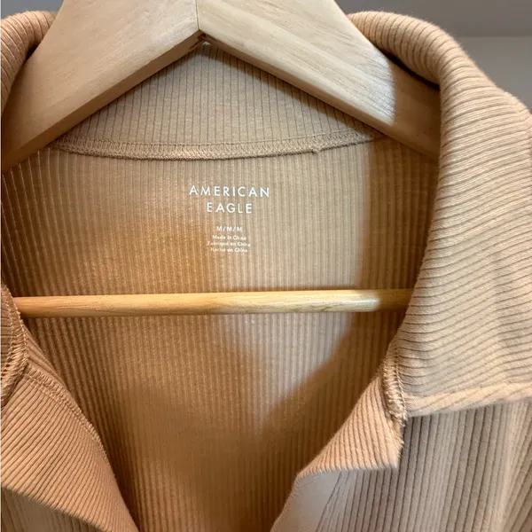 American Eagle Ribbed Knit Collared Mini Dress Tan Long Sleeve Medium - Image 2