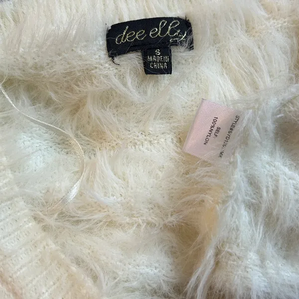 Fuzzy Eyelash Knit Sweater Ivory Shaggy Y2K Coquette Dee Elly Small Crop V Neck - Image 6
