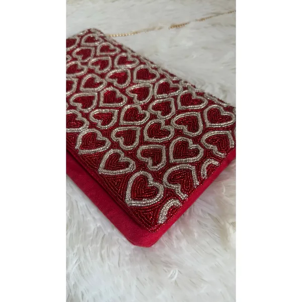 Francesca Red Beaded Heart Clutch Evening Bag Gold Chain Shoulder Strap NWT - Image 2