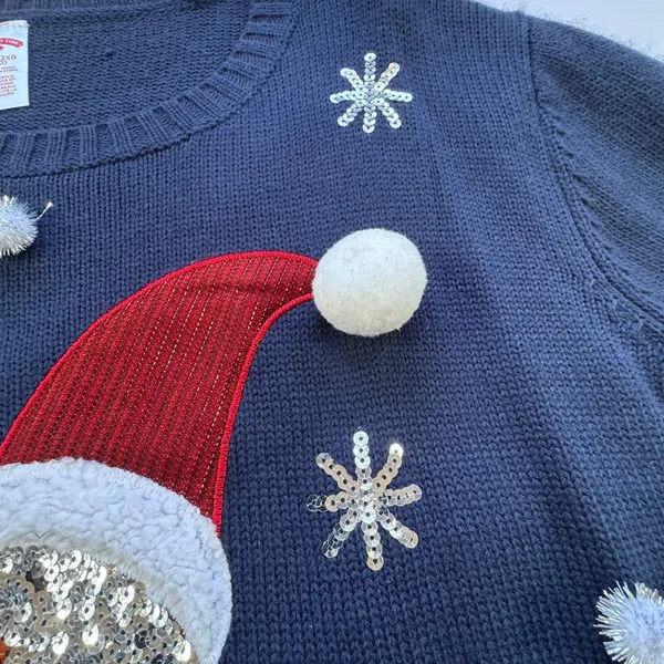 Holiday Time Snowman Sequin Ugly Christmas Sweater Womens 2X 20 Navy‎ White Poms - Image 10