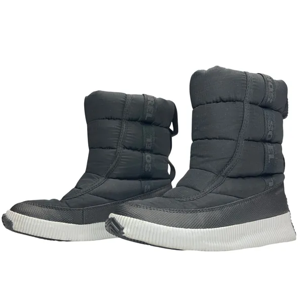 Sorel Out and About Mid Puffer Boots Womens 6.5‎ Black White EUC - Image 3