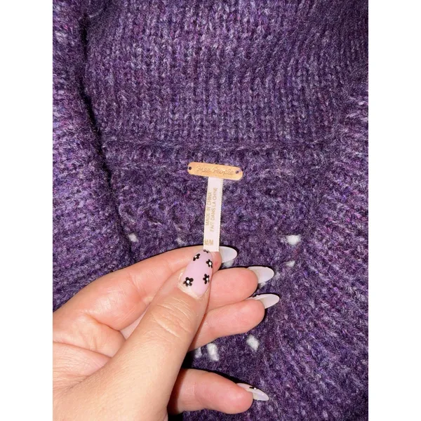 Free People Sweater Cardigan Wool Blend 4 Snap Purple Open Weave Chunky Knit M - Image 7