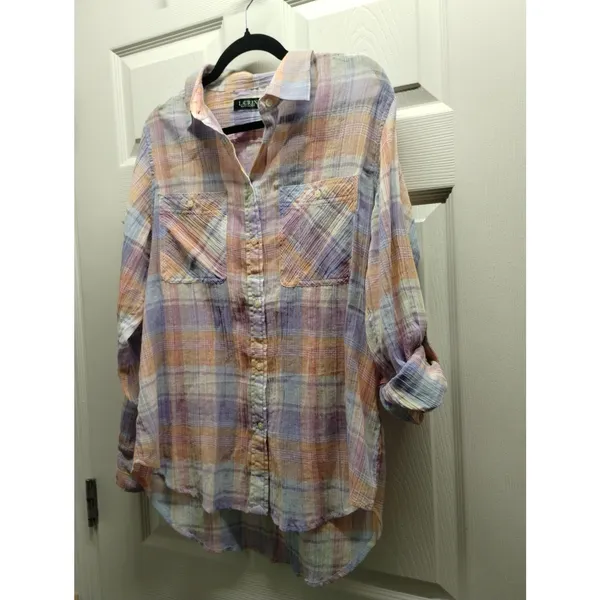 Lauren Ralph Lauren Size L Pastel Gauzy Semi-Sheer Button Up Long Sleeve Shirt - Image 6