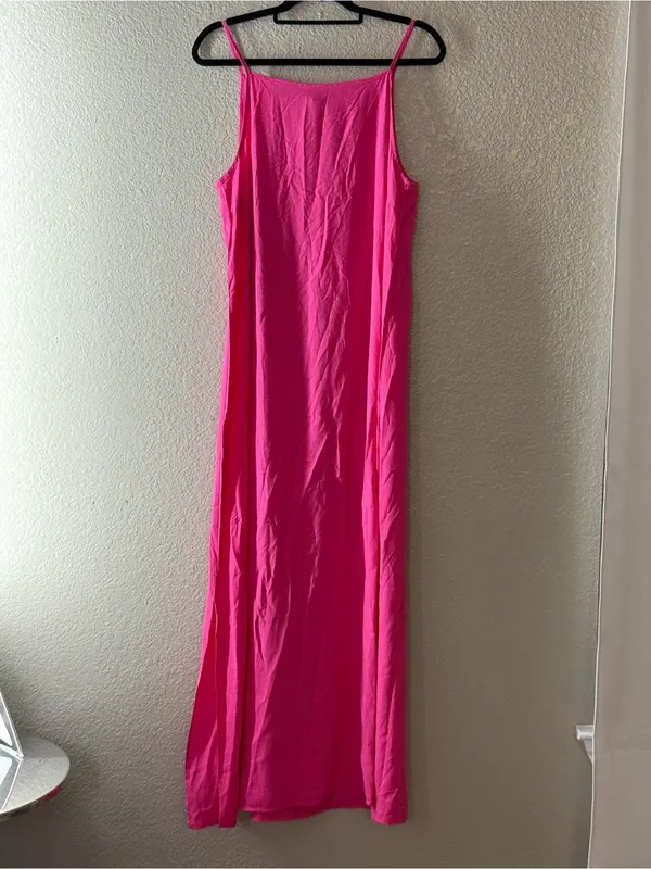 Vince Camuto M Hot Pink Rayon Maxi Slip Dress Square Neck Side Slit 55” Vacation - Image 5