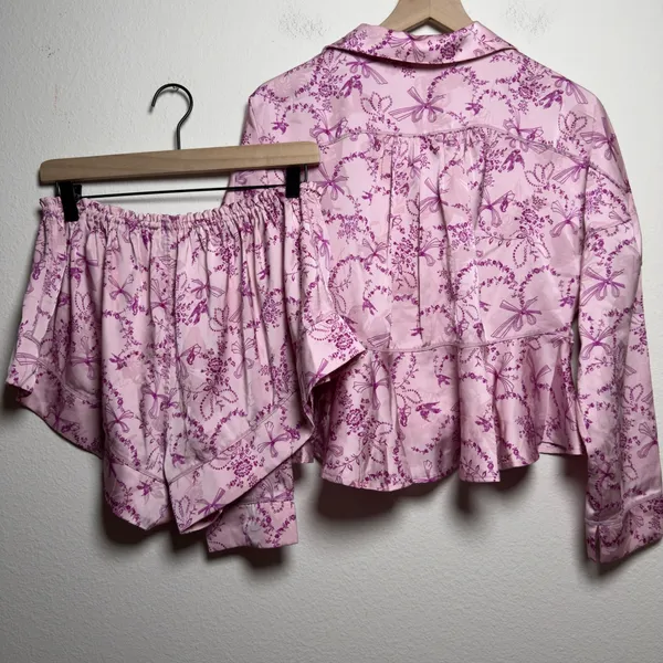 Free People Women PJ Set M Pink Beauty Sleep‎ Blushing Combo Bow Floral Peplum - Image 10