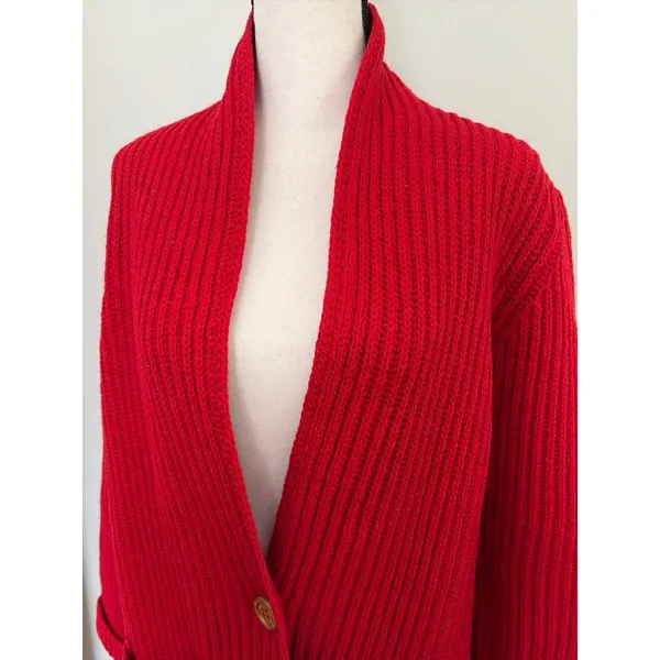 Vintage L.L. BEAN 80s Dark Red 100% Shetland Wool Chunky Cardigan Sweater Size M - Image 2