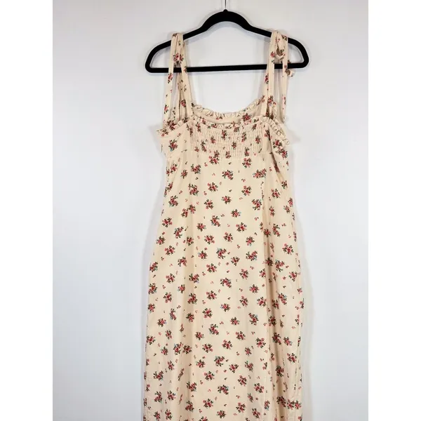 ZARA Womens Dress Beige Maxi Floral Ditsy Tank Smocked Linen Slit A Line Large - Image 9