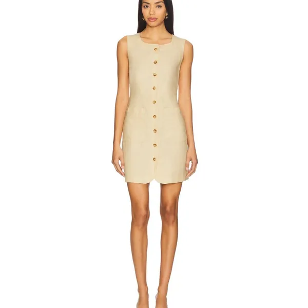 Sleeveless Button-Front Linen Blend Mini Dress in Beige - Image 2