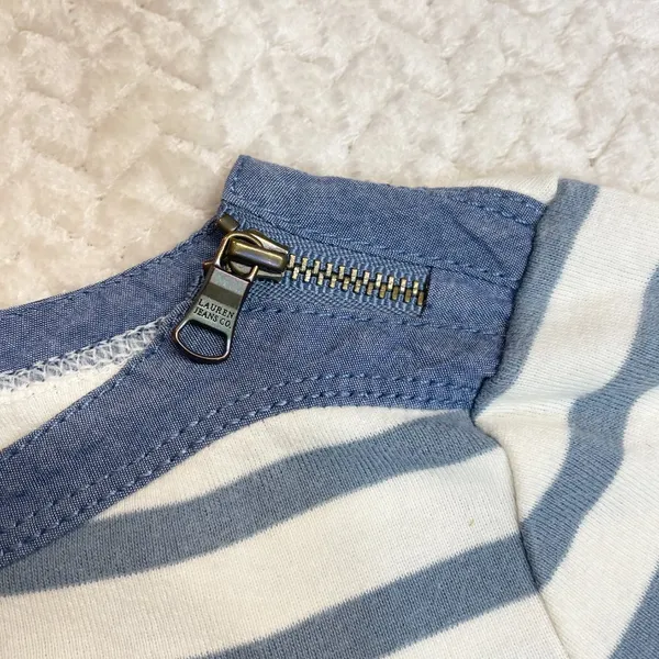 Ralph Lauren Lauren‎ Jeans Co Blue cream striped Knit Top Zip accent Sleeve Shirt women SZ S - Image 8