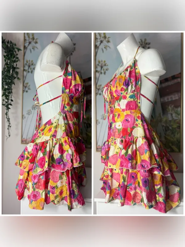 Luxxel Pink Yellow Floral Tiered Ruffle Romper Open Back Lace Up Size Medium - Image 7