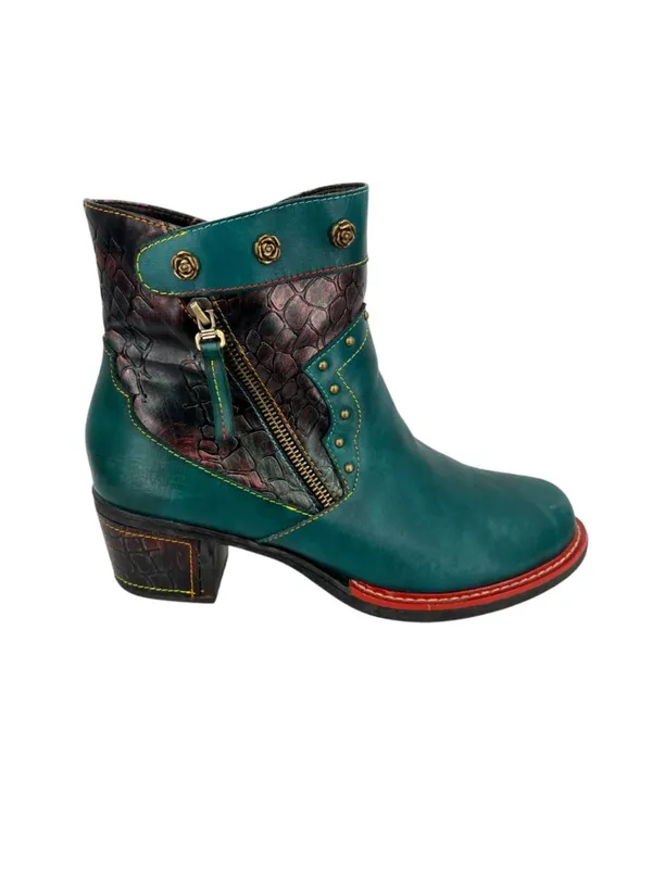 Boho Lagenlook Festival Teal Leather Ankle Boots Snake Print Stud Detail Size 42 - Image 10