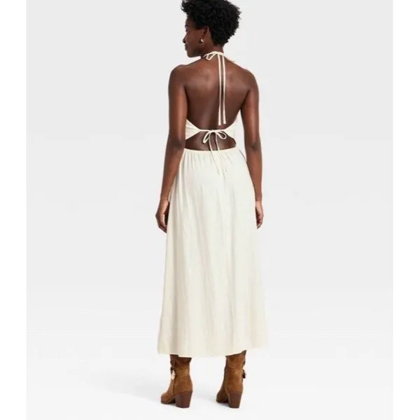 A New Day White Halter Backless Maxi Dress with Crochet Lace Detail, Size L - Image 2