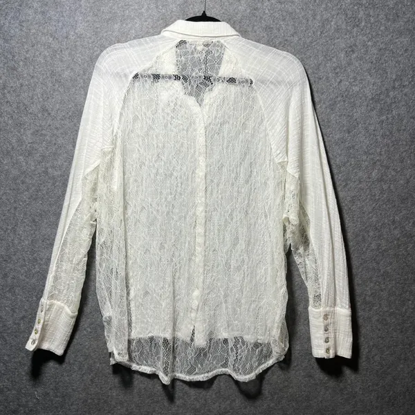 Hem &‎ Thread Ivory Lace Panel Gauze Button Down Shirt Large Boho Romantic Sheer - Image 8